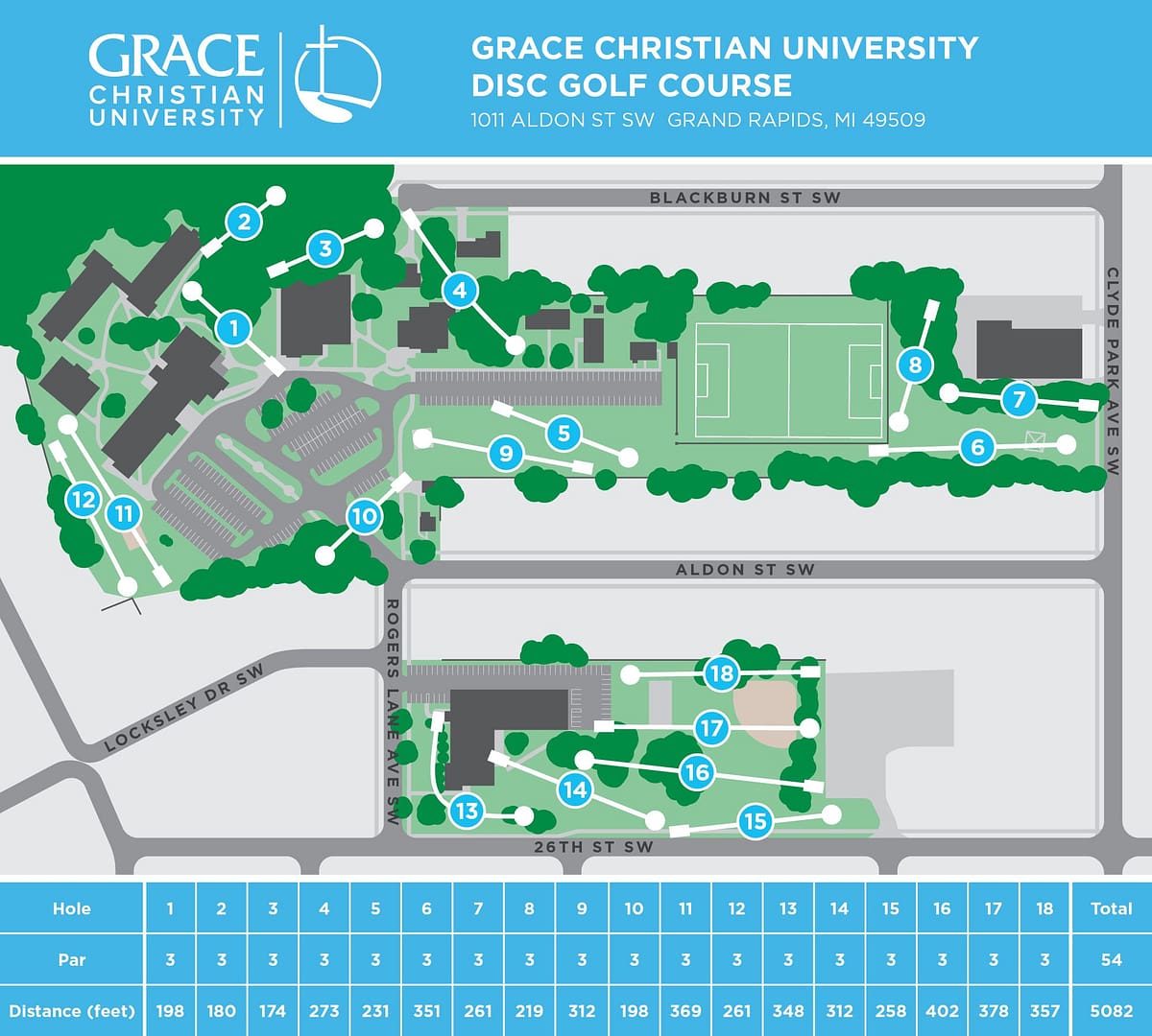 DiscGolf-map-web A Campus Map of Grace Christian University showing the 18 hole Disc Golf Course