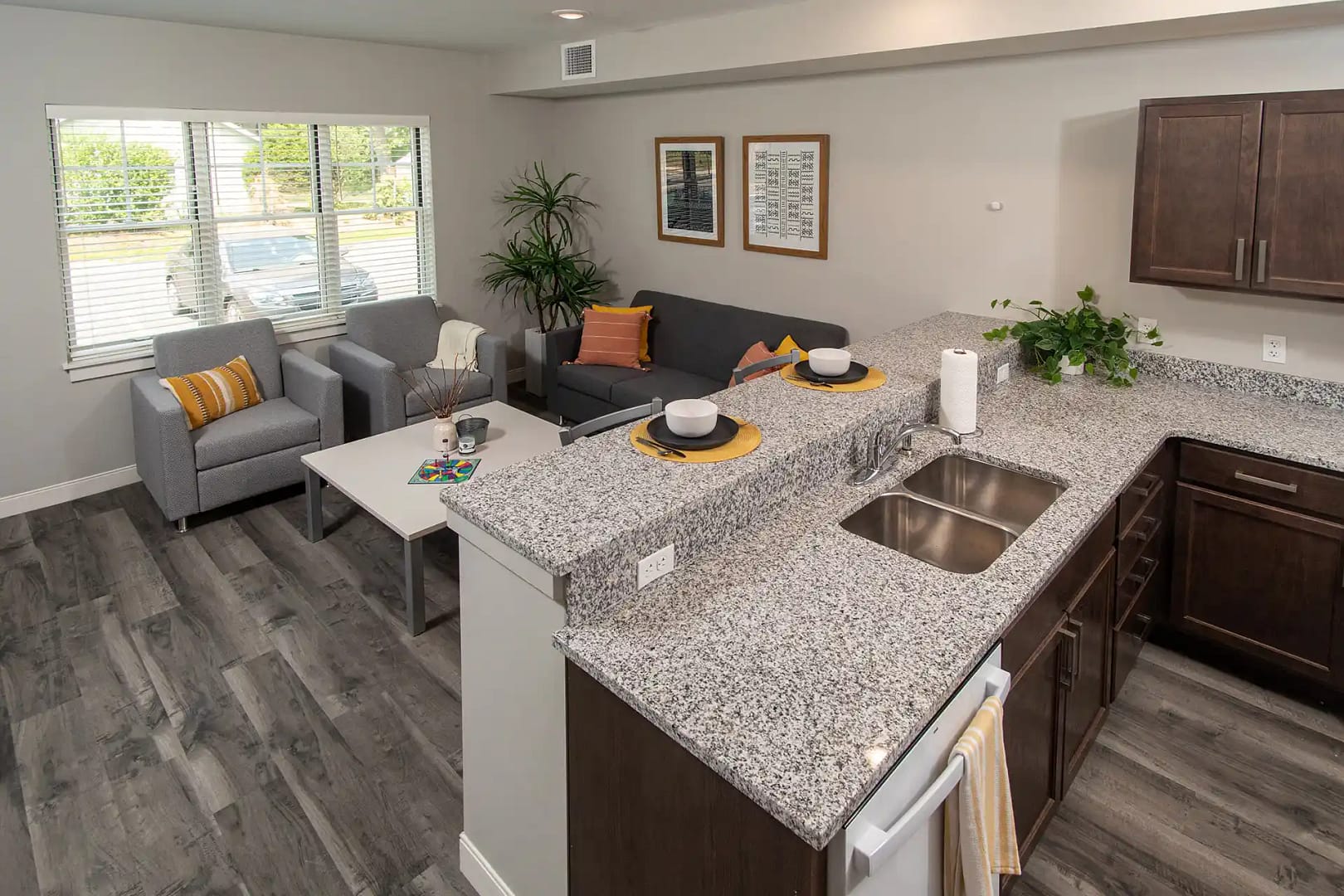 Grace-Townhomes Interior view of a kitchen and living room in one of the Grace Townhomes
